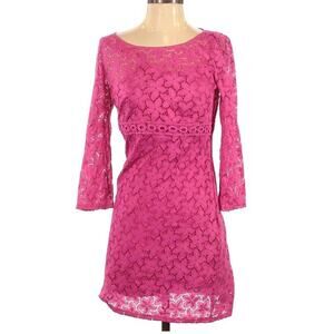 Laundry by Shelli Segal Dress Floral Lace Overlay Pink 3/4 Bell Sleeve Women's 4